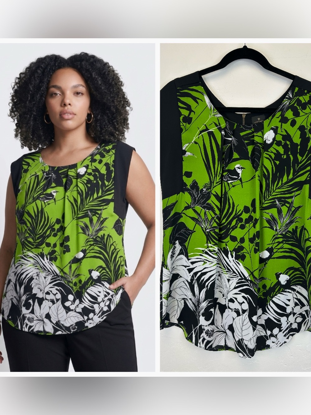 Flowy Botanical Print Sleeveless Top Size XL Bird Tropical Nature Pleated Green